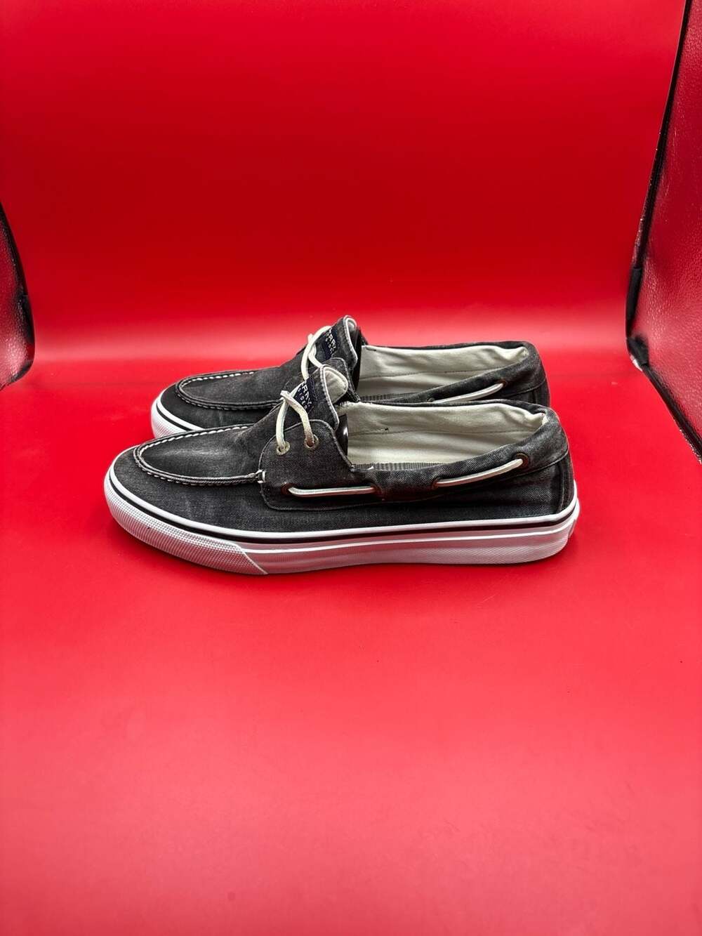 Sperry Men's Bahama 2-Eye Boat Shoes Black Acid Washed Canvas Size 12M